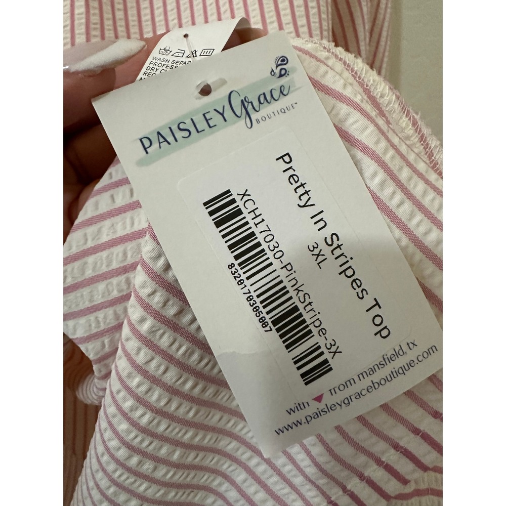Paisley Grace Pink Seersucker Striped Ruffle Sleeve Top 3XL Preppy Beachy - Picture 3 of 12